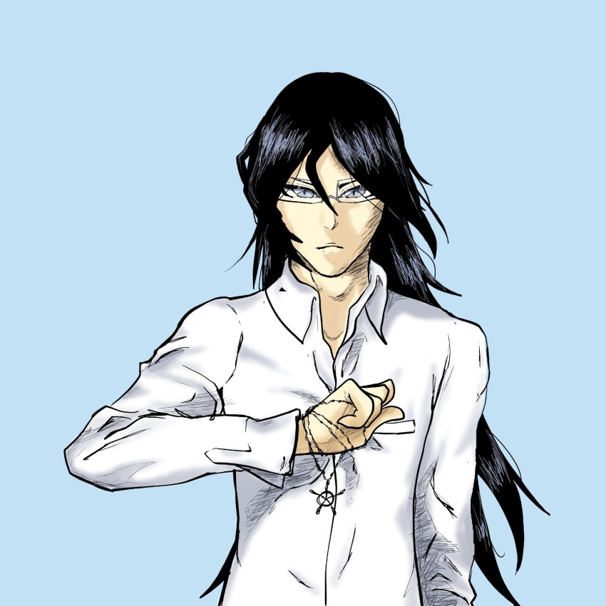 1boy black_hair bleach bleach:_sennen_kessen-hen blue_eyes formal_clothes glasses hair_between_eyes highres ishida_uryuu kubo_tite_(style) long_hair long_sleeves looking_at_viewer male_focus non-web_source pale_skin quincy_(bleach) shirt solo sternritter suit wandenreich white_shirt