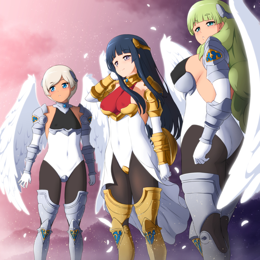 3girls adjusting_hair angel_wings anime_coloring aqua_eyes armor armored_boots armored_collar ass black_hair black_legwear blue_eyes blush boots bracer breasts buckler capitan_(tsyoujo) clenched_hand cloud covered_erect_nipples covered_navel crotch_plate elbow_gloves electoa_(capitan_(tsyoujo)) farneli_(capitan_(tsyoujo)) feathers forest gloves green_hair hair_over_shoulder head headgear highres hime_cut large_breasts long_hair marriot_(capitan_(tsyoujo)) medium_breasts mountainous_horizon multiple_girls nature original outdoors pantyhose purple_eyes shield sideboob sidelocks skin_tight small_breasts smile standing very_long_hair white_gloves wind wings