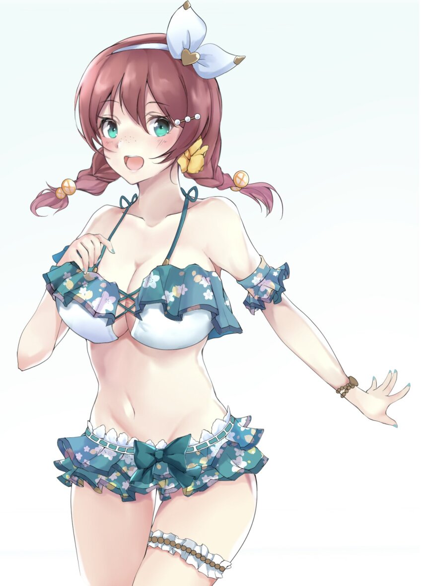 1girl :d bad_id bad_twitter_id bikini blue_eyes braid breasts brown_hair caicos cleavage collarbone commentary_request cowboy_shot cross-laced_bikini cross-laced_clothes emma_verde flower freckles hair_flower hair_ornament hairband halterneck highres large_breasts long_hair love_live! love_live!_nijigasaki_high_school_idol_club love_live!_school_idol_festival_all_stars low_twin_braids navel official_alternate_costume open_mouth outstretched_arm simple_background smile solo string_bikini swimsuit twin_braids white_background white_hairband yellow_flower