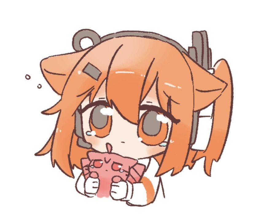 1girl a.i._voice adachi_rei ahoge animal animal_ears animalization cat cat_ears cat_girl closed_mouth drill_hair gloves hair_between_eyes hair_ornament hair_ribbon hairclip headlamp headset holding holding_animal holding_cat hyouenn jacket kasane_teto kemonomimi_mode long_sleeves medium_hair one_side_up orange_eyes orange_hair radio_antenna red_cat ribbon simple_background tears twin_drills upper_body utau white_background white_gloves white_jacket white_ribbon