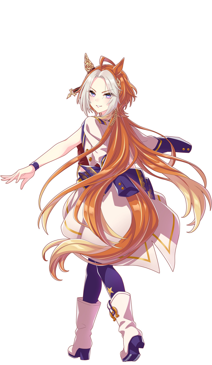 1girl ahoge animal_ears back_ribbon blonde_hair blue_eyes boots bow ear_covers ear_ornament ear_ribbon full_body highres horse_ears horse_girl horse_tail horseshoe horseshoe_ornament jacket long_hair looking_at_viewer looking_back midriff multicolored_hair official_art open_mouth orange_hair orfevre_(umamusume) parted_lips single_ear_cover skirt solo standing starting_future_(umamusume) tail thighhighs transparent_background two-tone_hair umamusume unworn_clothes v-shaped_eyebrows very_long_hair white_boots white_hair white_jacket white_skirt wristband