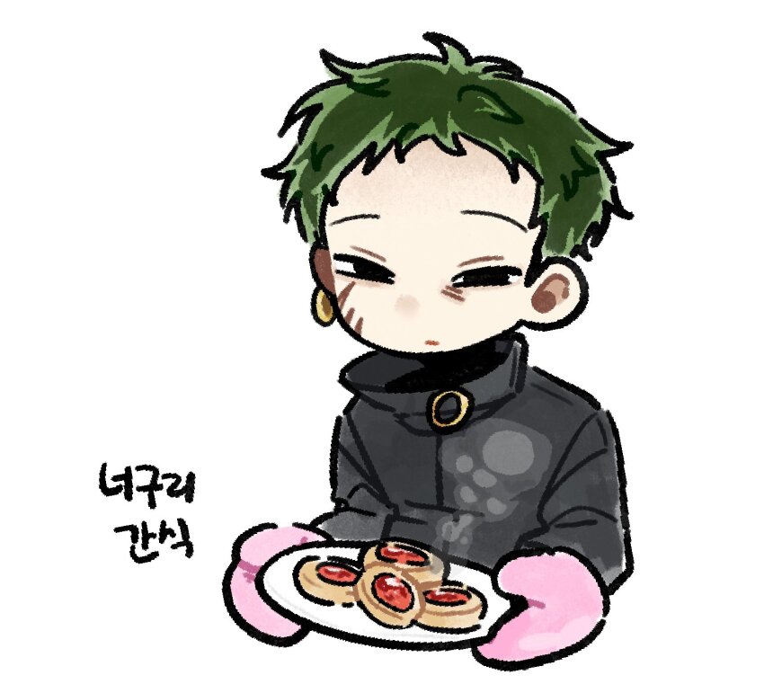 1boy black_eyes black_jacket closed_mouth commentary_request cropped_torso dreyfus_zweig earrings expressionless facial_scar food green_hair high_collar highres jacket jewelry korean_commentary korean_text long_sleeves male_focus nand9ng oven_mitts saibou_shinkyoku scar scar_on_cheek scar_on_face short_hair single_earring solo steaming_food tart_(food) translation_request