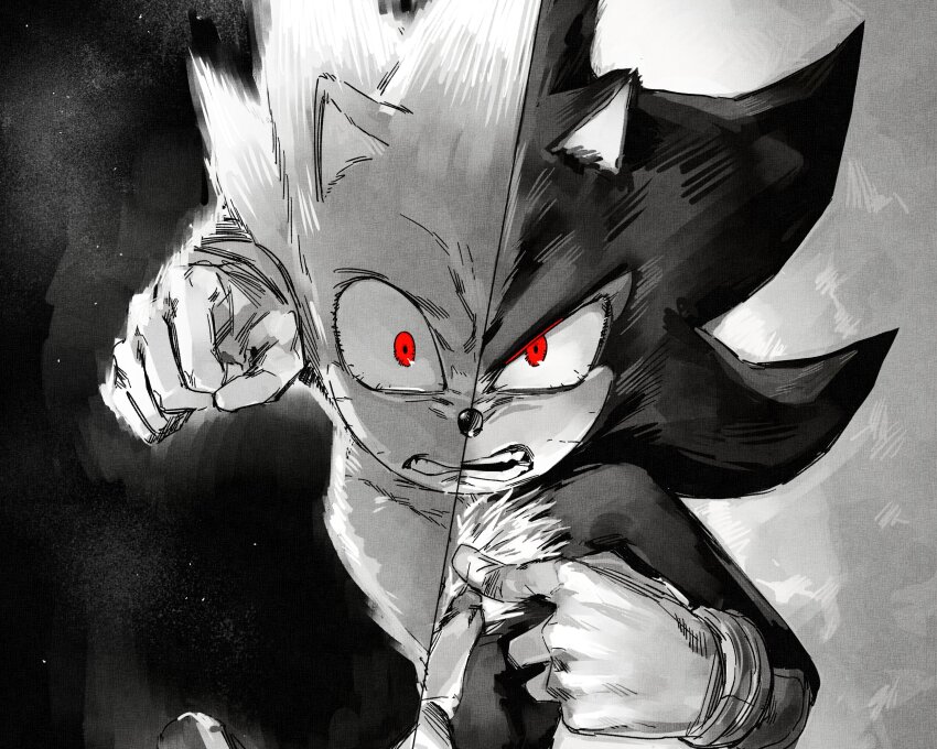 2boys angry bloodshot_eyes clenched_hand clenched_teeth constricted_pupils diamondx1704 emphasis_lines gloves glowing glowing_eyes glowing_hair greyscale grimace hedgehog_boy highres imminent_hit inhibitor_rings lying monochrome motion_lines multiple_boys on_back open_mouth pointing pointing_at_self red_eyes scene_reference shadow_the_hedgehog sky sonic_(live_action) sonic_(series) sonic_the_hedgehog sonic_the_hedgehog_3_(film) space split_screen split_theme spot_color star_(sky) starry_sky super_sonic symmetry teeth