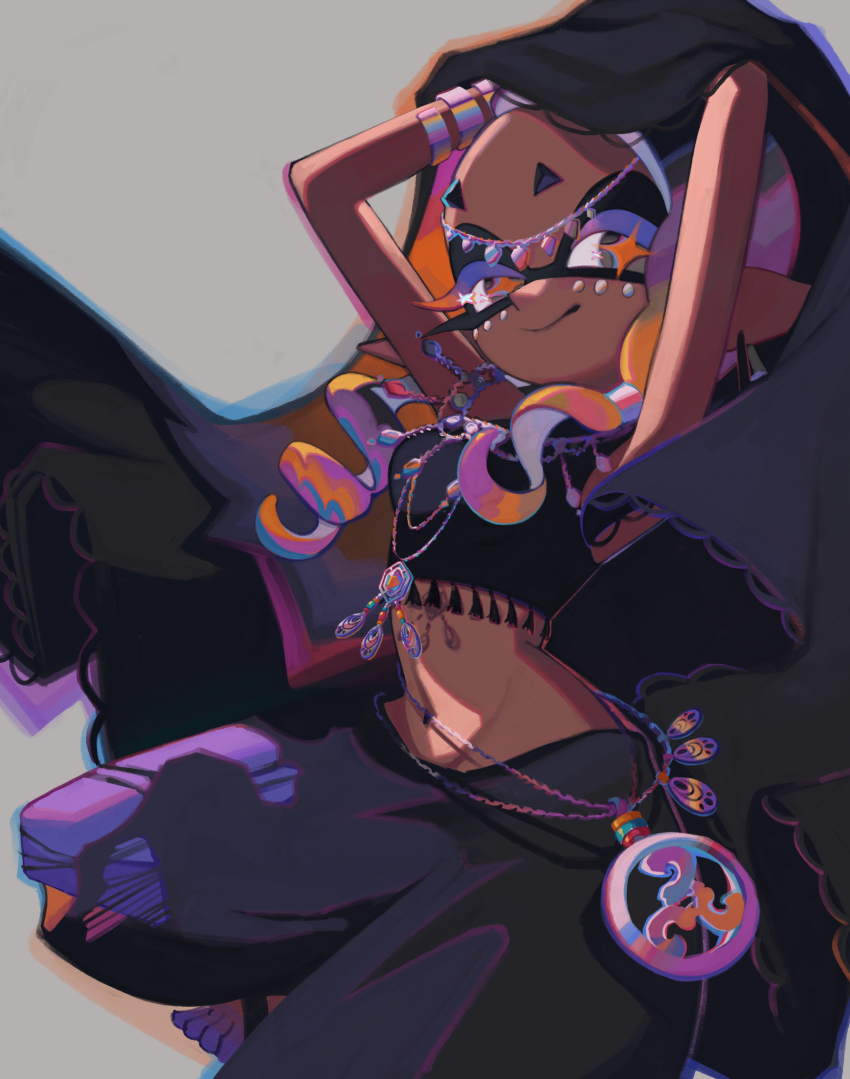 1girl absurdres arms_up barefoot black_pants black_shirt bracelet circlet closed_mouth colored_eyelashes commentary_request crop_top dark-skinned_female dark_skin earrings forehead frye_(splatoon) frye_(splatoween)_(splatoon) grey_eyes grey_hair groin half-closed_eyes harem_pants highres inkling jewelry ka1_(k4k37) long_hair long_pointy_ears midriff multicolored_hair navel necklace nintendo orange_hair orange_pupils pants pink_hair pointy_ears shirt short_eyebrows smile splatoon_(series) splatoon_3 star-shaped_pupils star_(symbol) symbol-shaped_pupils tentacle_hair
