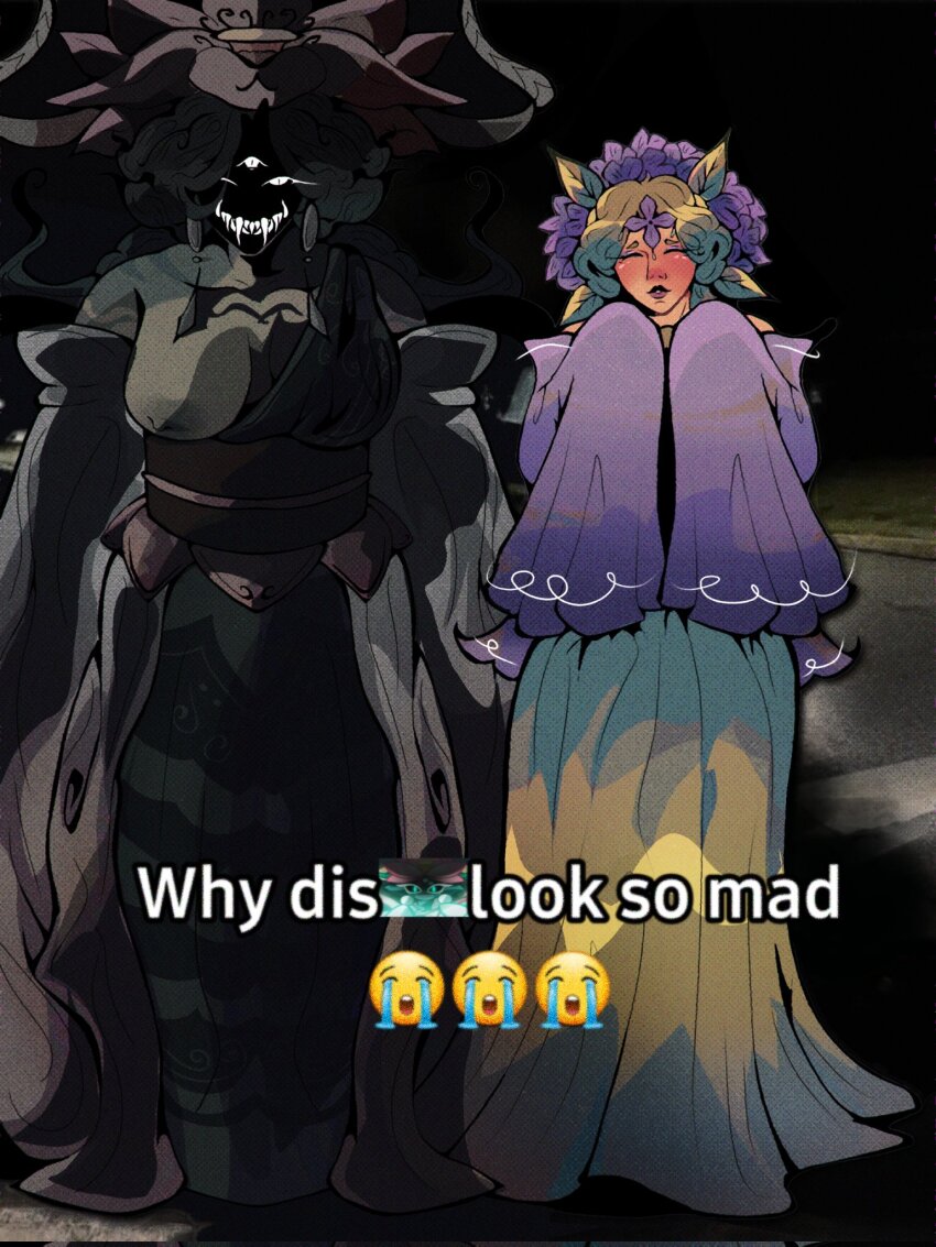 2girls breasts chinese_clothes colored_skin cookie_run cookie_run:_kingdom cookie_run:_ovenbreak dragon_girl dragon_horns flower green_hair green_skin highres horns hydrangea_cookie large_breasts looking_at_viewer lotus lotus_dragon_cookie meme multiple_girls sharp_teeth teeth why_dis_ninja_look_so_mad_(meme) zzaphyre