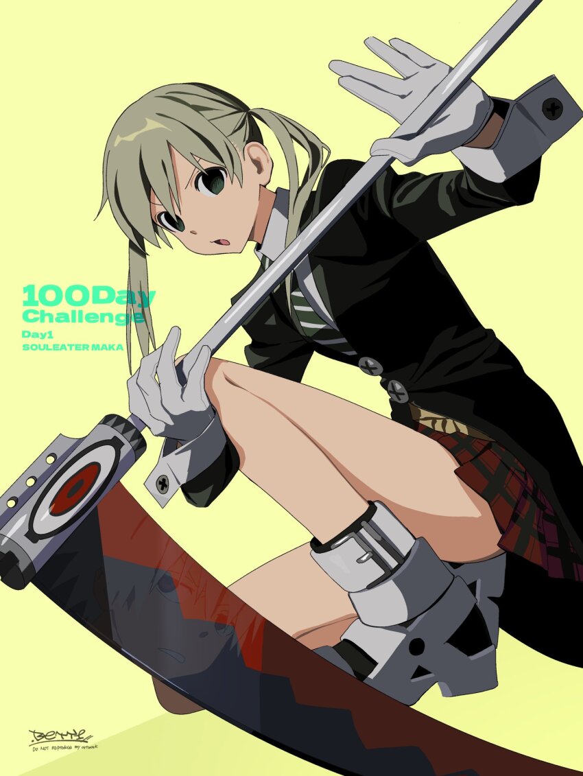 1boy 1girl betti_(xx_betti) blonde_hair buckle buttons collared_shirt gloves green_eyes green_necktie highres holding holding_scythe jacket kneeling long_sleeves maka_albarn miniskirt necktie open_mouth plaid_clothes plaid_skirt pleated_skirt red_eyes red_skirt reflection school_uniform scythe shirt shoes signature skirt sleeve_cuffs soul_eater soul_evans striped_necktie twintails white_hair yellow_background