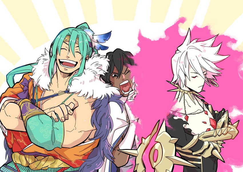3boys arjuna_(fate) arjuna_(third_ascension)_(fate) bishounen black_hair crossed_arms detached_sleeves fate/grand_order fate_(series) green_hair headband highres japanese_clothes karna_(fate) koryuu_(gackter10) long_hair male_focus multiple_boys muscular open_mouth pale_skin pectorals ponytail short_hair smile tawara_touta_(fate)