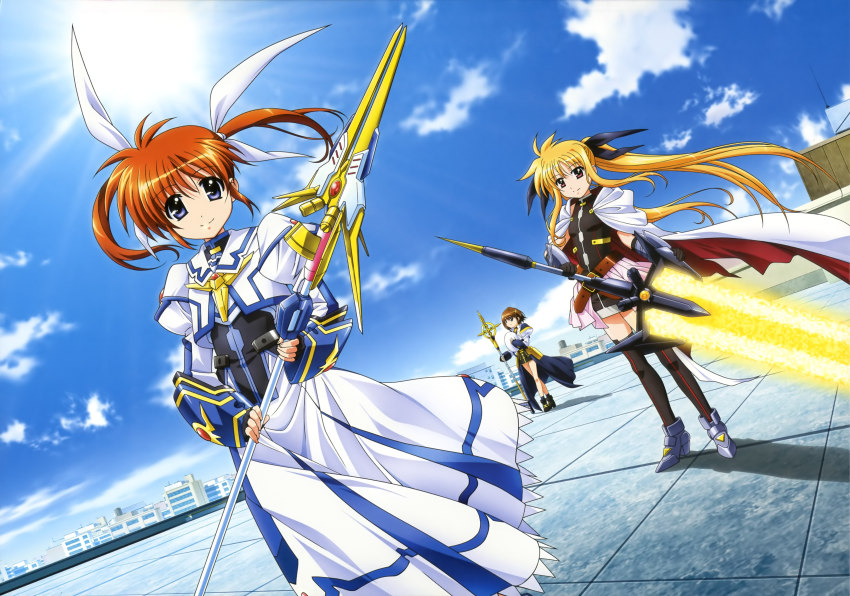 3girls absurdres bardiche_(nanoha) bardiche_(zanber_form)_(nanoha) blonde_hair blue_eyes brown_hair cloud day fate_testarossa fate_testarossa_(blaze_form) fingerless_gloves gloves highres long_hair lyrical_nanoha magazine_(weapon) mahou_shoujo_lyrical_nanoha mahou_shoujo_lyrical_nanoha_a&#039;s mahou_shoujo_lyrical_nanoha_the_movie_2nd_a&#039;s multiple_girls non-web_source official_art okuda_yasuhiro raising_heart raising_heart_(exelion_mode)_(2nd) red_eyes short_twintails sky smile sun takamachi_nanoha takamachi_nanoha_(exelion_mode) thighhighs twintails very_long_hair waist_cape yagami_hayate zettai_ryouiki