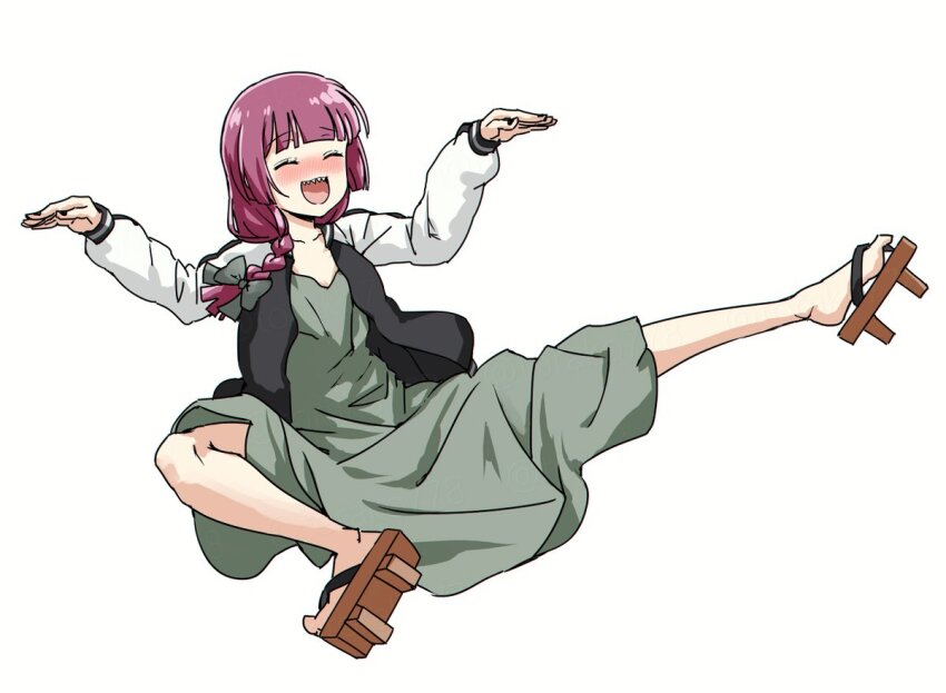 1girl :d ^_^ black_jacket black_nails blush bocchi_the_rock! closed_eyes collarbone dress fighting_game fingernails full_body geta green_dress hair_over_shoulder hiroi_kikuri jacket long_hair long_sleeves low-braided_long_hair low-tied_long_hair medium_dress meme multicolored_jacket nail_polish nintendo nose_blush open_clothes open_jacket open_mouth pink_hair sharp_teeth simple_background smash_64_pikachu_kick_(meme) smile solo super_smash_bros. teeth torako_(toramaru) twitter_username two-tone_jacket upper_teeth_only watermark white_background white_jacket