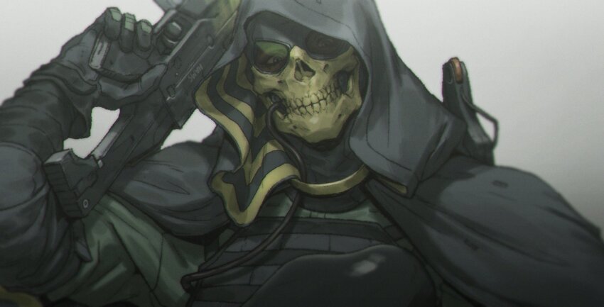 1boy armor black_cape black_gloves cape chest_armor death_stranding gloves gradient_background green_jacket gun hamms_hamss higgs_(death_stranding) holding holding_gun holding_weapon hood hood_up hooded_cape jacket looking_at_viewer male_focus mask simple_background skull_mask solo weapon