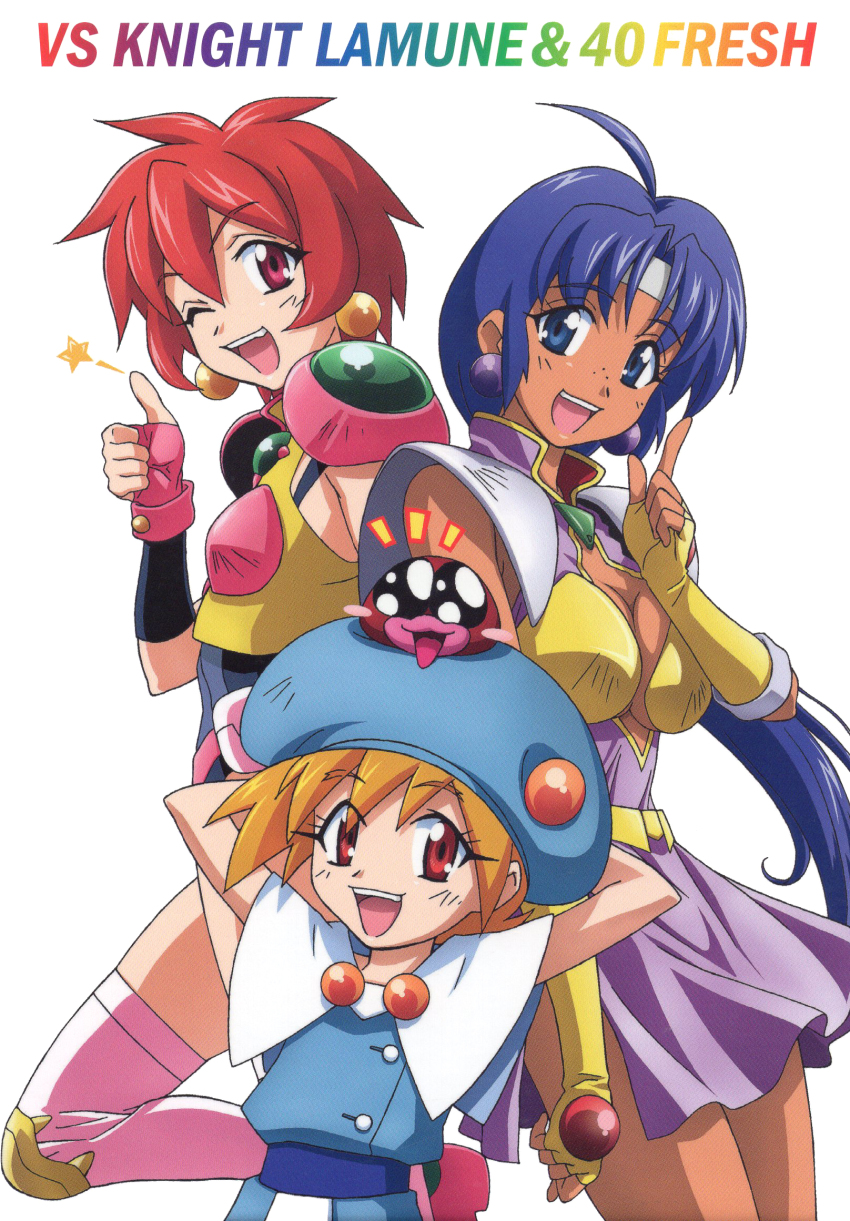 1990s_(style) 3girls ahoge arms_behind_head arms_up blonde_hair blue_eyes blue_hair blush_stickers breasts cacao_(lamune) copyright_name dark-skinned_female dark_skin earrings fingerless_gloves gloves hat headband height_difference highres index_finger_raised jewelry large_breasts lemon_(vs_knight_lamune_&amp;_40_fresh) long_hair looking_at_viewer multiple_girls official_art open_mouth parfait_(lamune) pq_(lamune) red_eyes red_hair retro_artstyle scan short_hair simple_background vs_knight_lamune_&amp;_40_fresh white_background
