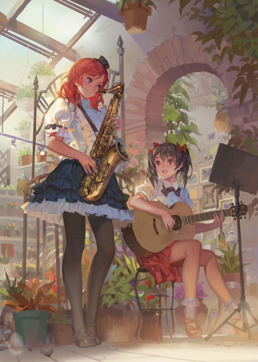 2girls absurdres acoustic_guitar aircraft airplane alphonse_(white_datura) arch black_hair black_legwear blouse bookshelf bow bowtie bug butterfly frilled_skirt frills grey_eyes guitar hair_bow hat highres holding_instrument holding_saxophone insect instrument lolita_fashion long_legs love_live! love_live!_school_idol_project lyrics mary_janes mini_hat mini_top_hat multiple_girls music_stand nishikino_maki open_mouth pantyhose photoshop_(medium) plant potted_plant puffy_short_sleeves puffy_sleeves red_eyes red_hair revision saxophone shirt shoes short_sleeves sitting skirt smile socks standing stool tenor_saxophone top_hat twintails white_legwear white_shirt yazawa_nico
