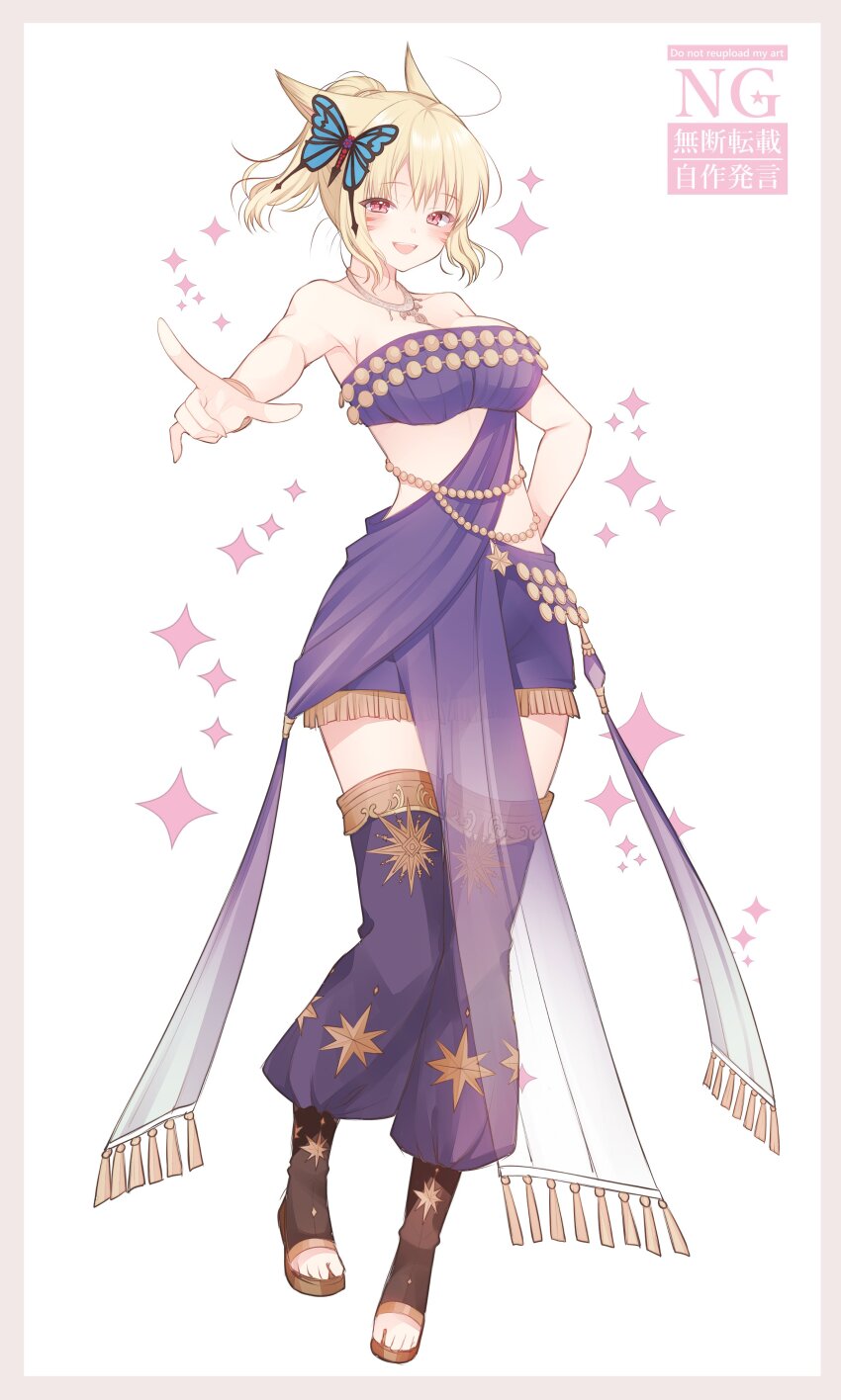 1girl absurdres animal_ears ayamisiro bandeau bare_arms bare_shoulders blonde_hair butterfly_hair_ornament cat_ears cat_girl dancer_(final_fantasy) facial_mark final_fantasy final_fantasy_xiv hair_ornament highres jewelry looking_at_viewer miqo&#039;te necklace open-toe_shoes ponytail purple_bandeau purple_shorts red_eyes shorts solo thighhighs warrior_of_light_(ff14) whisker_markings