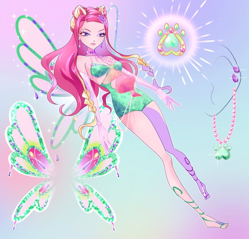 1girl bad_id bad_twitter_id bare_legs bare_shoulders barefoot bead_necklace beads blonde_hair braid chocofish choker closed_mouth clothing_cutout colorful_background commentary double_bun dress earrings elbow_gloves enchantix english_commentary expressionless eyelashes eyeshadow fairy fairy_wings flower frilled_dress frills full_body glitter gloves green_leotard green_wings hair_bun hair_flower hair_ornament highres jewelry leotard lipstick long_hair long_sidelocks looking_at_viewer magical_girl makeup multicolored_hair navel necklace outline paw_print pink_gloves pink_hair pink_lips purple_choker purple_eyes purple_eyeshadow purple_flower reference_sheet roxy_(winx_club) side_braids sidelocks solo sparkle stomach_cutout streaked_hair toes twin_braids two-tone_hair very_long_hair wavy_hair white_outline wings winx_club wisteria