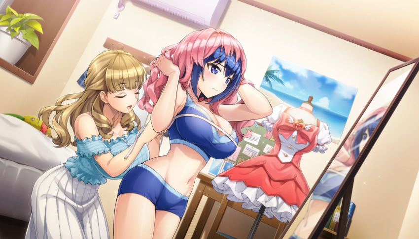 2girls ayato_utae bare_arms blonde_hair blue_eyes blue_hair breasts bust_measuring closed_eyes commentary_request crop_top dolphin_wave game_cg highres jewelry large_breasts light_blush long_hair measuring midriff mirror mole mole_under_eye multiple_girls navel necklace non-web_source official_art ootomo_takuji pleated_skirt short_hair skirt sports_bikini sweatdrop tape_measure thighs tojou_michiru unworn_wig wig