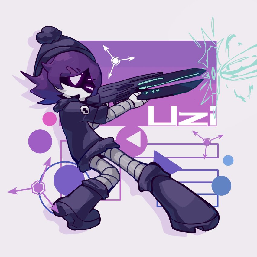 1girl absurdres beanie_hat boots choker glitch_productions gun hat highres hood hoodie murder_drones purple_eyes purple_hair rifle robot striped_legwear uzi_(murder_drones) weapon