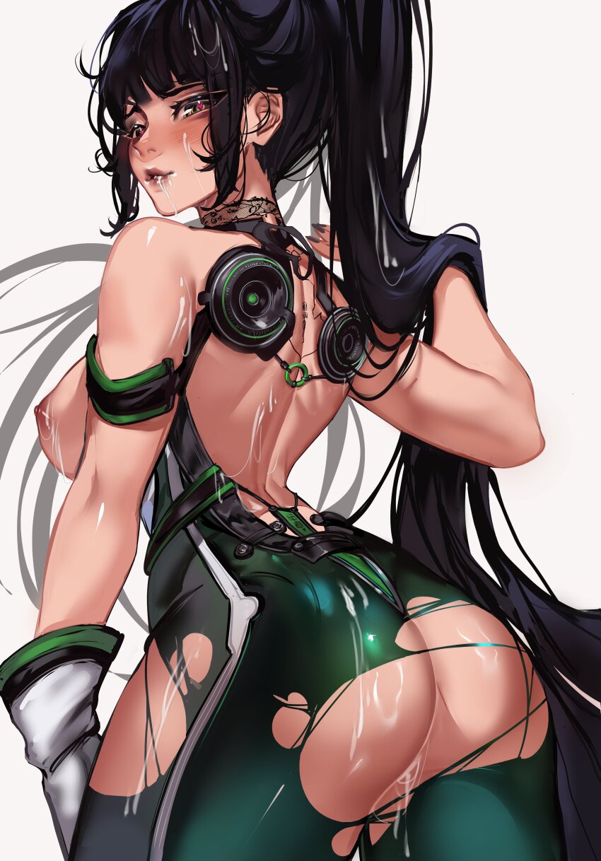 1girl absurdres ass black_hair blunt_bangs bodysuit breasts brown_eyes commentary cum cum_in_pussy cum_on_body cum_on_hair cumdrip eve_(stellar_blade) from_behind gloves green_bodysuit hair_lift heart heart-shaped_pupils highres impossible_bodysuit impossible_clothes large_breasts lips long_hair looking_at_viewer looking_back mechanical_spine multicolored_bodysuit nipples planet_diving_suit_(7th)_(stellar_blade) ponytail silver_bodysuit simple_background skin_tight sleeveless sleeveless_bodysuit solo stellar_blade suliavtuber symbol-shaped_pupils torn_bodysuit torn_clothes very_long_hair white_bodysuit white_gloves