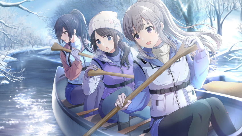 3girls beanie belt blue_eyes boat brown_hair forest game_cg gloves grey_hair hat highres holding idolmaster idolmaster_shiny_colors idolmaster_shiny_colors_song_for_prism mitsumine_yuika multiple_girls nature oar official_art open_mouth pantyhose ponytail purple_eyes river shirase_sakuya short_shorts shorts sitting snow turtleneck vest watercraft yellow_eyes yukoku_kiriko zipper