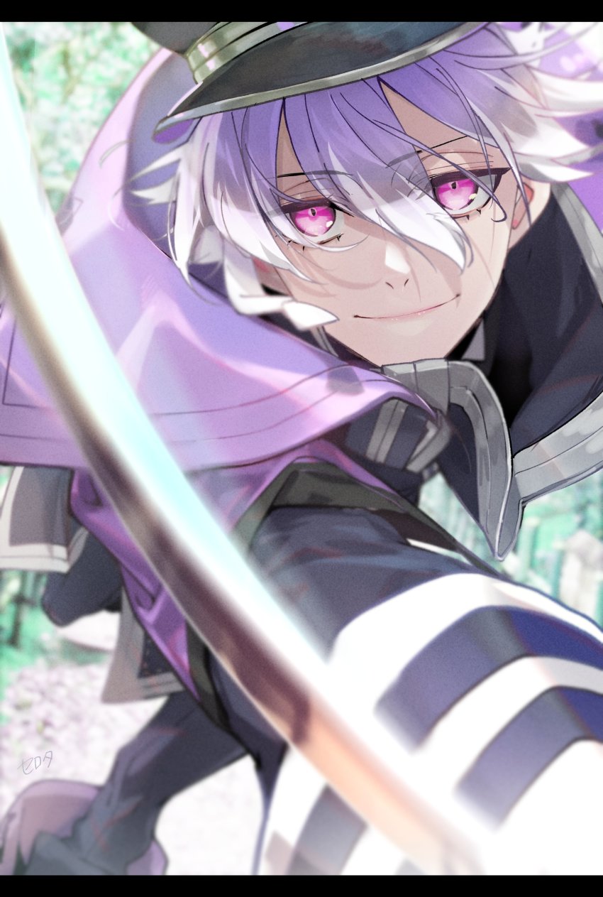 1boy absurdres black_hat black_pants black_shirt blouse blurry closed_mouth day depth_of_field feet_out_of_frame hair_between_eyes hat highres incoming_attack letterboxed long_sleeves male_focus minamoto_kiyomaro multicolored_hair outdoors outstretched_arm pants purple_eyes purple_hair serota shirt short_hair smile solo touken_ranbu two-tone_hair white_hair
