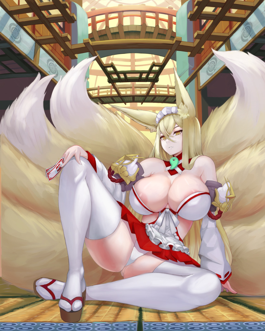 1girl absurdres animal_ear_fluff animal_ears areola_slip blonde_hair breasts detached_sleeves etahoin fox_ears fox_girl fox_tail full_body hair_between_eyes highres hirume_of_heavenly_incense huge_breasts kitsune kyuubi last_origin long_hair maid_headdress multiple_tails nontraditional_miko ofuda orange_eyes panties parted_lips pleated_skirt skindentation skirt slit_pupils solo tail thighhighs thighs underwear very_long_hair