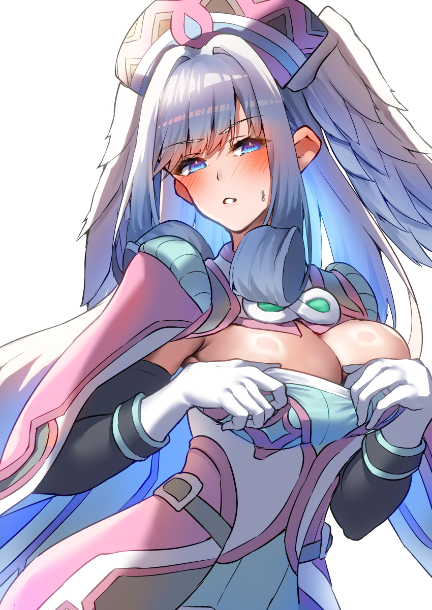 1girl absurdres blue_eyes breasts cleavage gloves grey_hair head_wings highres melia_antiqua siebolds_demon simple_background solo white_background white_gloves wings xenoblade_chronicles_(series) xenoblade_chronicles_1 xenoblade_chronicles_3