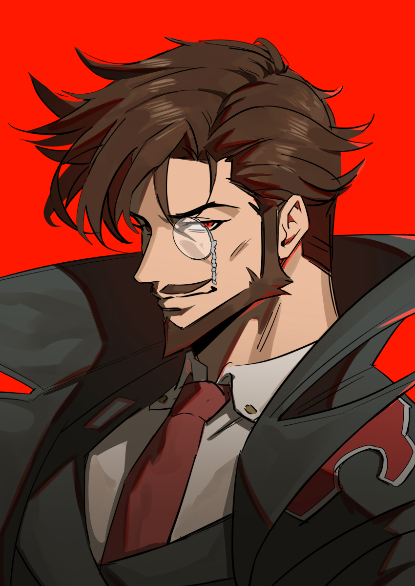 1boy absurdres beard black_coat brown_hair chinese_commentary closed_mouth coat collared_shirt commentary_request facial_hair from_side guilty_gear guilty_gear_strive highres looking_at_viewer male_focus monocle mustache mystical_high_collar necktie red_background red_eyes red_necktie shirt simple_background slayer_(guilty_gear) smile solo upper_body wang_none white_shirt wing_collar