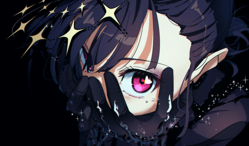 1girl black_background black_gloves black_hair black_shirt close-up commentary gloves hands_on_own_face highres looking_at_viewer medalist_(manga) nzeneee okazaki_iruka pink_eyes revision shirt short_hair simple_background solo sparkle symbol-only_commentary tears upper_body