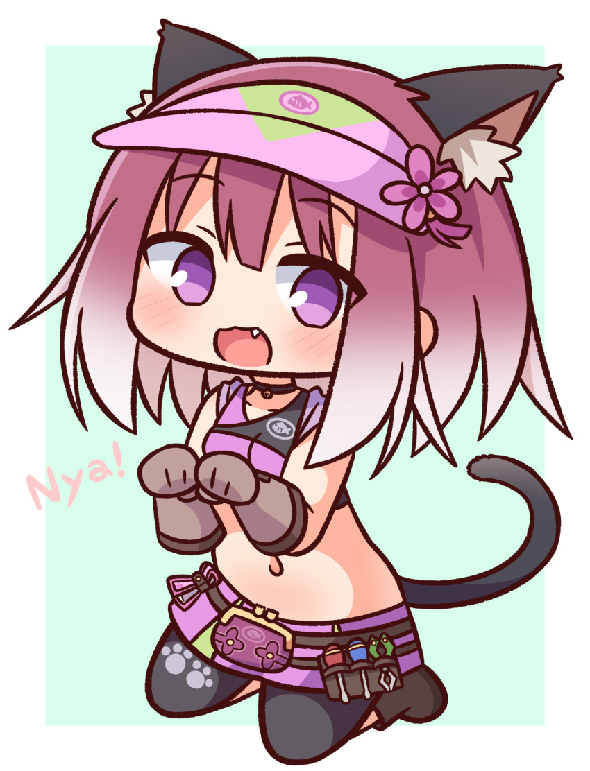 1girl :d animal_ear_fluff animal_ears bad_id bad_pixiv_id bare_shoulders black_leggings black_shirt blush boots breasts brown_boots brown_gloves cat_ears cat_girl cat_tail chibi commentary_request crop_top fang flower full_body gloves gradient_hair green_background hair_between_eyes hana_kazari hands_up hat highres kneeling leggings looking_at_viewer multicolored_hair navel nyan open_mouth pink_hat pink_skirt pleated_skirt princess_connect! purple_eyes purple_flower purple_hair shirt skirt sleeveless sleeveless_shirt small_breasts smile solo tail tamaki_(mechanic)_(princess_connect!) tamaki_(princess_connect!) two-tone_background visor_cap white_background white_hair