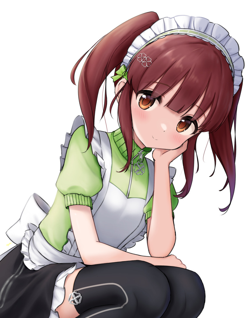 1girl absurdres black_thighhighs blush brown_eyes brown_hair highres idolmaster idolmaster_cinderella_girls jacket jersey_maid jia_wenyuan long_hair looking_at_viewer maid maid_headdress ogata_chieri skirt smile solo squatting thighhighs twintails unconventional_maid zettai_ryouiki