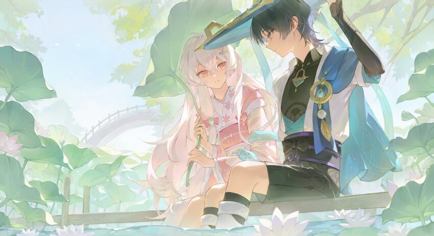 1boy 1girl arm_up artist_request black_shorts blue_eyes blue_hair blue_sky bridal_gauntlets closed_mouth cloud cloudy_sky commission couple detached_sleeves from_side genshin_impact hair_between_eyes hair_ornament hat head_tilt highres holding japanese_clothes jewelry kimono layered_clothes leaf_umbrella leaning_to_the_side light_smile long_hair long_sleeves looking_at_another looking_to_the_side oc_x_canon original outdoors pendant pink_eyes pink_hair pink_kimono pink_sash plant sash scaramouche_(genshin_impact) second-party_source short_hair short_sleeves shorts sitting sky vision_(genshin_impact) wanderer_(genshin_impact) water wide_sleeves