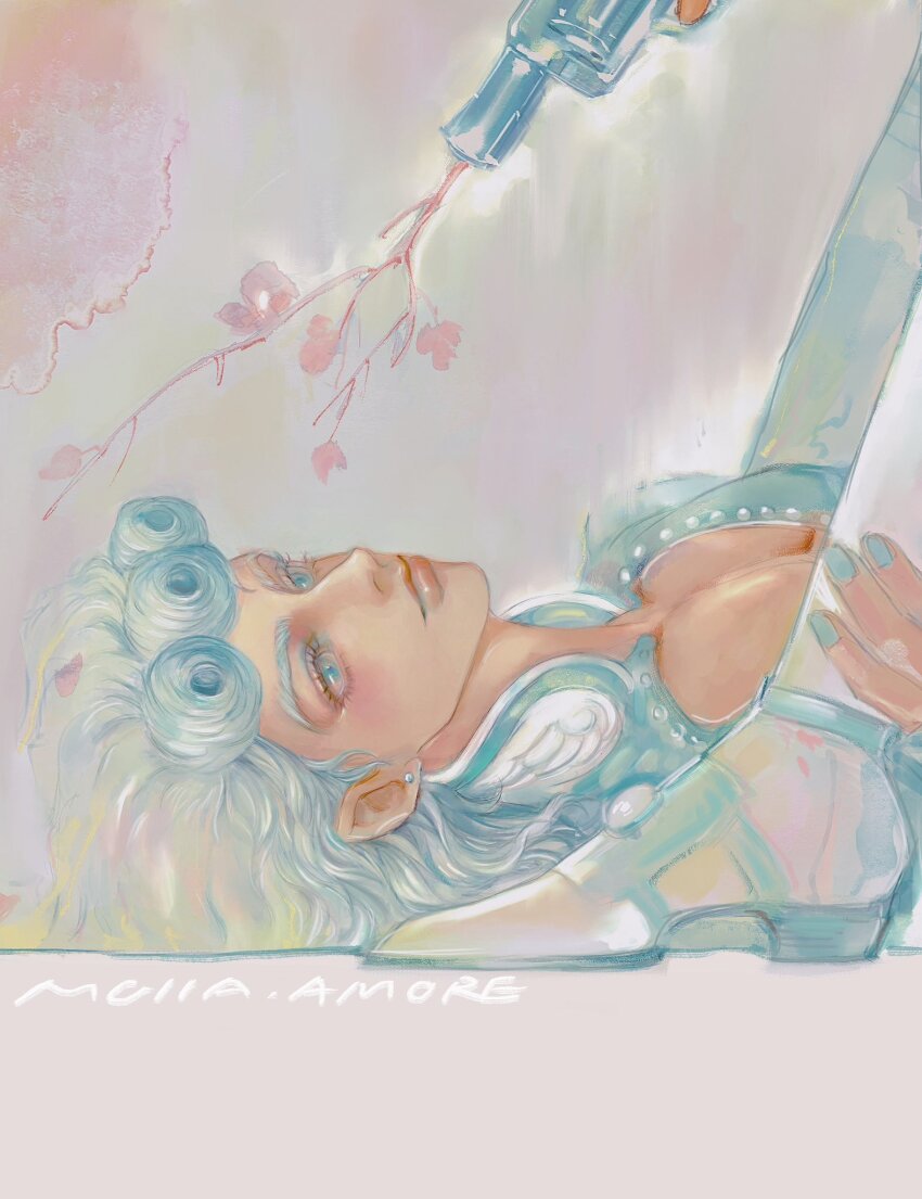 2boys a_io_u aqua_eyes aqua_hair aqua_nails cherry_blossoms closed_mouth curly_hair flower flower_in_gun giorno_giovanna grey_background guido_mista gun highres holding holding_another&#039;s_ankle holding_gun holding_weapon jojo_no_kimyou_na_bouken long_hair male_focus multiple_boys nail_polish pink_flower vento_aureo weapon yaoi