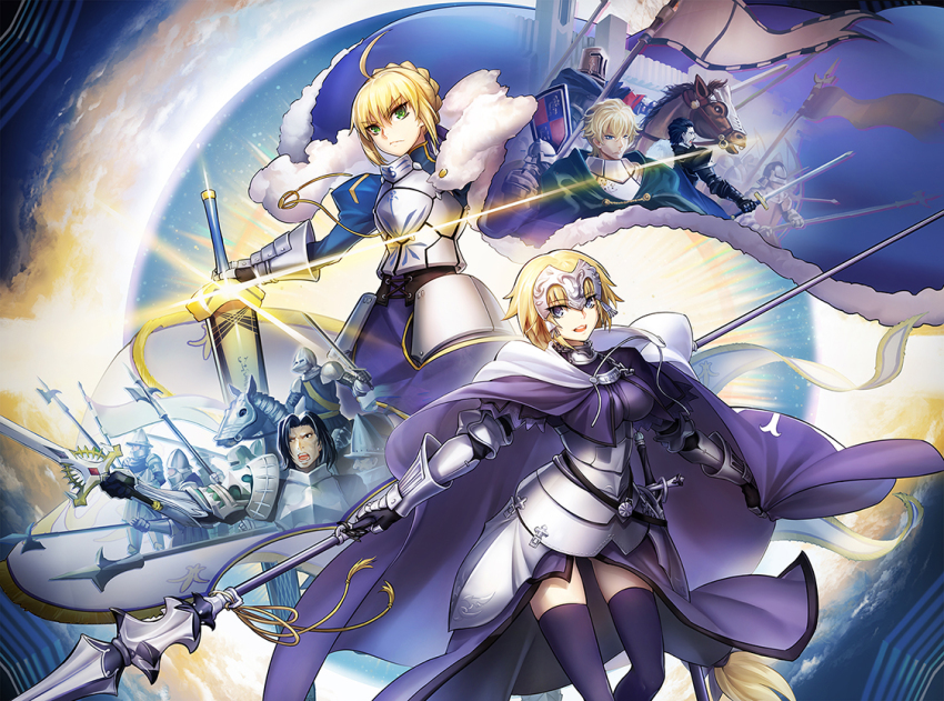 2boys 2girls :d ahoge armor armored_dress artoria_pendragon_(fate) black_legwear blonde_hair blue_dress breasts breasts_apart dress fate_(series) gauntlets green_eyes hair_between_eyes holding holding_sword holding_weapon jeanne_d&#039;arc_(fate) jeanne_d&#039;arc_(ruler)_(fate) medium_breasts multiple_boys multiple_girls open_mouth polearm purple_eyes saber_(fate) sheath sheathed short_hair smile spear sword thighhighs todee weapon