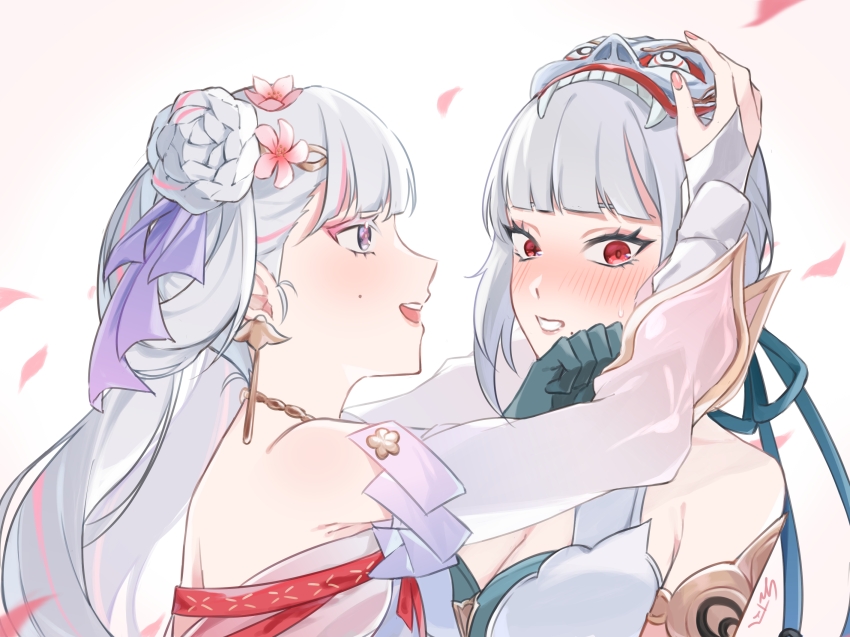 2girls bare_shoulders blue_ribbon blush breasts cleavage commentary_request detached_sleeves earrings embarrassed flower from_side gloves green_gloves hair_flower hair_ornament hair_ribbon hand_up highres jewelry jinhsi_(peach_blossom)_(wuthering_waves) jinhsi_(wuthering_waves) kazuna_ys long_ribbon looking_at_another mask mask_lift medium_breasts mismatched_irises mole mole_on_cheek multiple_girls official_alternate_costume open_mouth parted_lips pink_flower pink_petals portrait purple_ribbon red_eyes ribbon sanhua_(exorcistic_adjuration)_(wuthering_waves) sanhua_(wuthering_waves) simple_background smile tacet_mark_(wuthering_waves) white_background white_eyes white_hair white_sleeves wuthering_waves