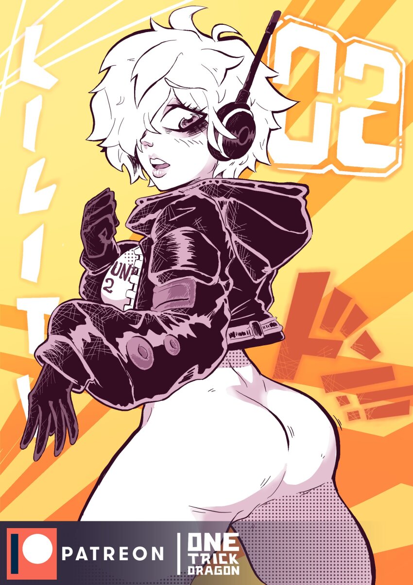 1girl absurdres ass blush bodysuit breasts curvy gloves hair_over_one_eye hands_in_pockets headphones highres jacket looking_at_viewer looking_back monochrome one_eye_covered one_piece one_trick_dragon open_clothes open_jacket open_mouth parted_lips shiny_clothes short_hair solo sound_effects sweat vegapunk_lilith wide_hips