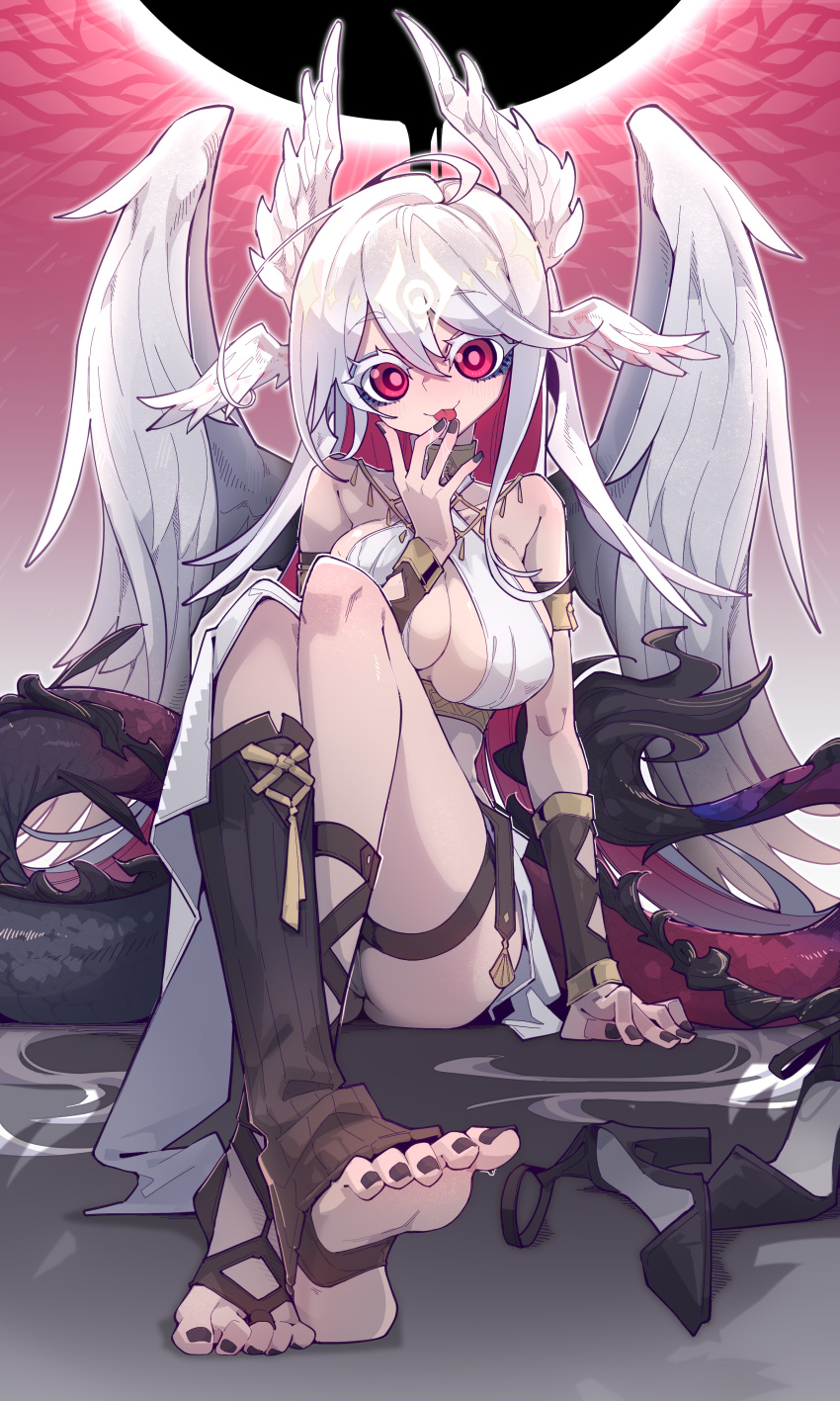 1girl absurdres black_nails breasts head_wings highres imazawa long_hair nail_polish original red_eyes solo toenails toes white_hair wings