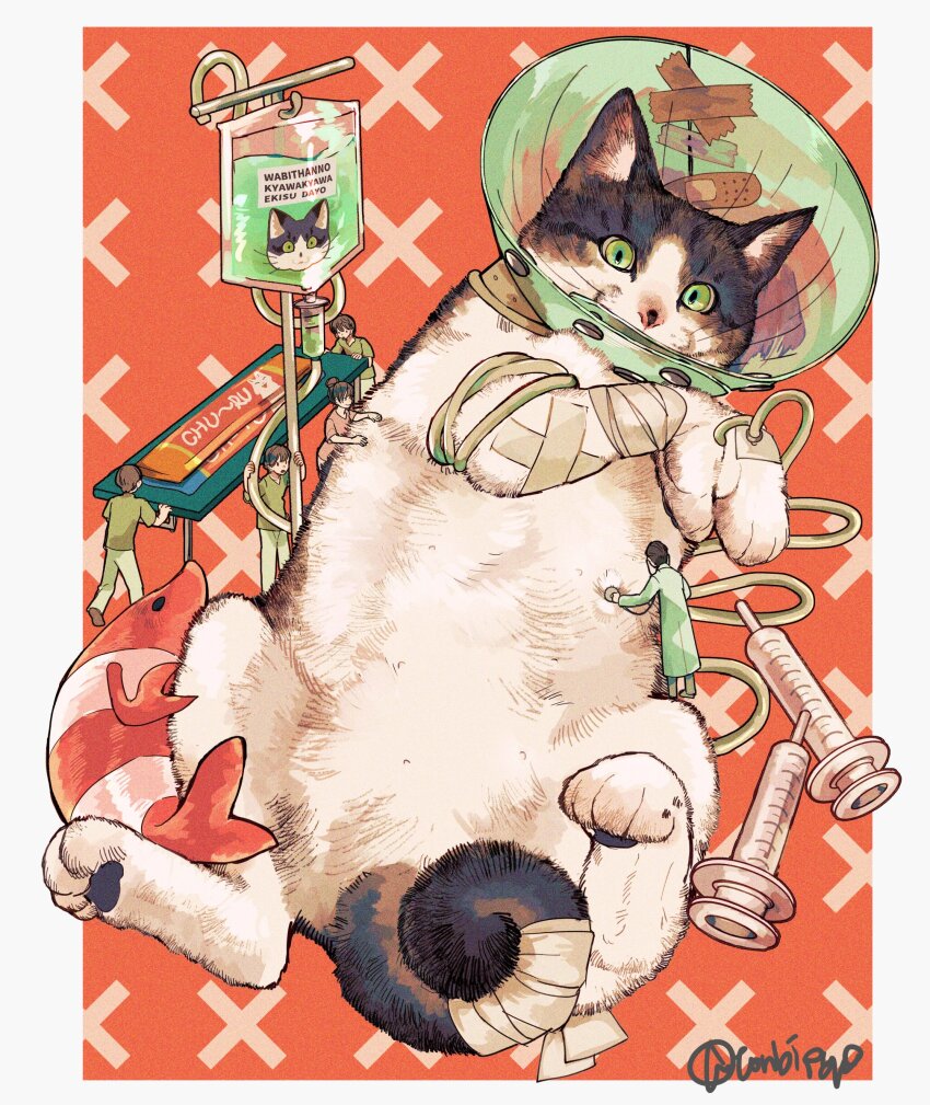 2girls 4boys animal animal_focus bandaged_arm bandaged_tail bandages bandaid border cat coat commentary covered_mouth from_above full_body green_coat green_eyes green_shirt highres intravenous_drip looking_at_viewer lying multiple_boys multiple_girls on_back orange_background original outside_border oversized_animal pet_cone shirt signature simple_background size_difference stuffed_shrimp stuffed_toy symbol-only_commentary syringe tonbippo08 veterinarian white_border