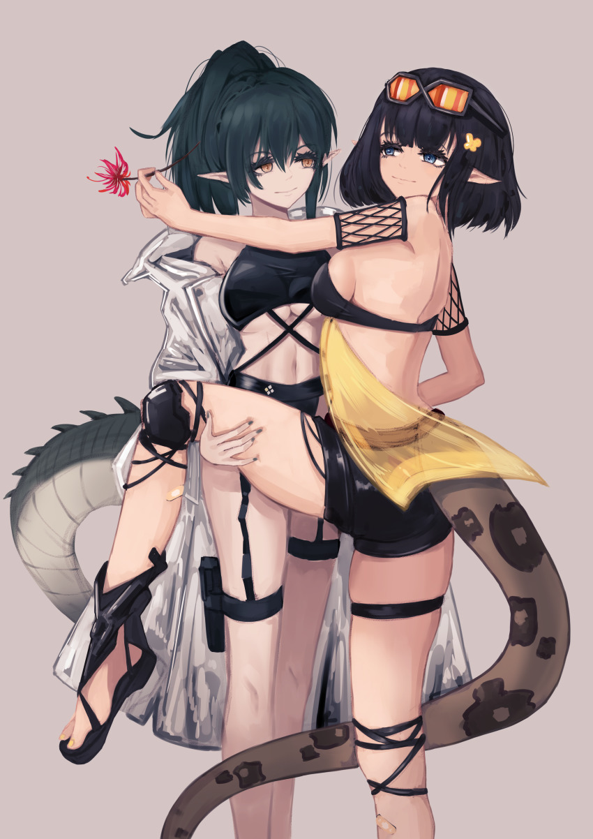 2girls absurdres alternate_hairstyle arknights bandeau black_hair black_shorts blue_eyes breasts brown_eyes commentary_request crocodilian_tail eunectes_(arknights) flower gavial_(arknights) goggles goggles_on_head grey_background highres holding holding_flower knee_pads lewenxijian looking_at_another medium_breasts multiple_girls nail_polish navel official_alternate_costume pointy_ears ponytail red_flower short_hair short_shorts shorts simple_background snake_tail standing stomach tail thigh_strap thighs