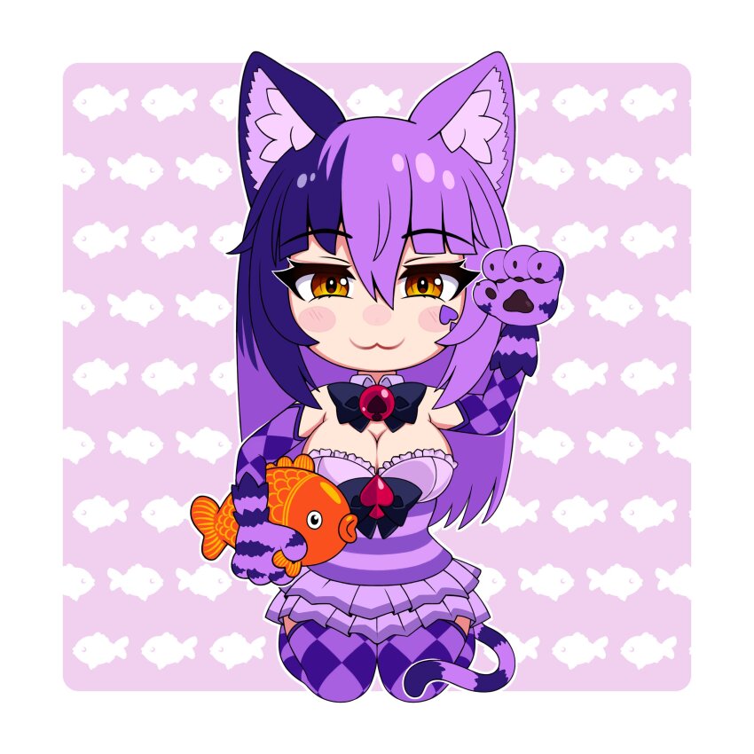 1girl :3 absurdres animal animal_ear_fluff animal_ears animal_hands argyle_clothes argyle_gloves argyle_thighhighs bell black_bow black_bowtie bow bowtie breasts cat_ears cat_girl cat_paws cat_tail checkered_clothes checkered_legwear cheshire_cat_(monster_girl_encyclopedia) chibi cleavage closed_mouth commentary dress english_commentary facial_mark fish fish_background hair_between_eyes highres holding holding_animal holding_fish large_breasts long_hair looking_at_viewer maneki-neko marking_on_cheek monster_girl monster_girl_encyclopedia monster_girl_encyclopedia_ii multicolored_hair neck_bell purple_background purple_dress purple_fur smile solo spade_(shape) spade_facial_mark streaked_hair striped_tail tail two-tone_hair wlper yellow_eyes
