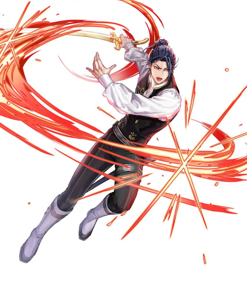 1boy belt black_belt black_vest blue_hair boots felix_hugo_fraldarius fire_emblem fire_emblem:_three_houses fire_emblem_heroes full_body garreg_mach_monastery_uniform hair_bun highres holding holding_sword holding_weapon kuroba.k male_focus nintendo official_art open_mouth orange_eyes scabbard sheath shirt short_hair solo sword vest weapon white_boots white_shirt