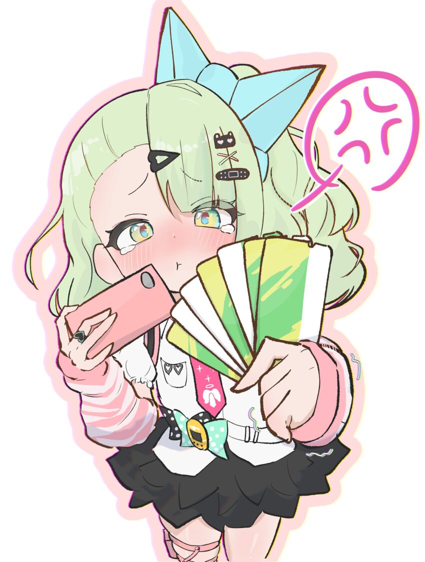 1girl anger_vein bandaid bandaid_hair_ornament blush cellphone chinatsu_remiel closed_mouth commentary_request cowboy_shot green_eyes green_hair hair_ornament heart_ring highres holding holding_phone holding_ticket kesiutu looking_at_viewer multiple_thigh_straps necktie outline phone pink_arm_warmers pink_outline ponytail print_necktie red_necktie ring_hair_ornament shirt smartphone solo spoken_anger_vein striped_arm_warmers tears ticket too_many_hair_ornaments trembling white_shirt zenless_zone_zero