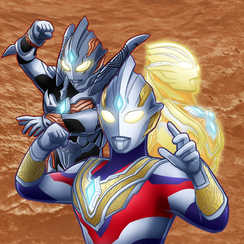 2boys absurdres alien arm_guards armor arms_up aura black_armor breastplate brown_background clenched_hand color_timer commentary crystal dorsal_fin fighting_stance forehead_jewel glowing glowing_eyes gold_armor gold_wrist_cuffs grey_armor hetareman highres looking_at_viewer looking_down looking_up male_focus multi_type_(ultra_series) multiple_boys multiple_persona multiple_views no_humans open_hand parody spikes stone_wall tokusatsu trigger_dark ultra_series ultraman_tiga:_the_final_odyssey ultraman_tiga_(series) ultraman_trigger ultraman_trigger_(glitter_trigger_eternity) ultraman_trigger_(multi_type) ultraman_trigger_(series) upper_body wrist_cuffs yellow_eyes