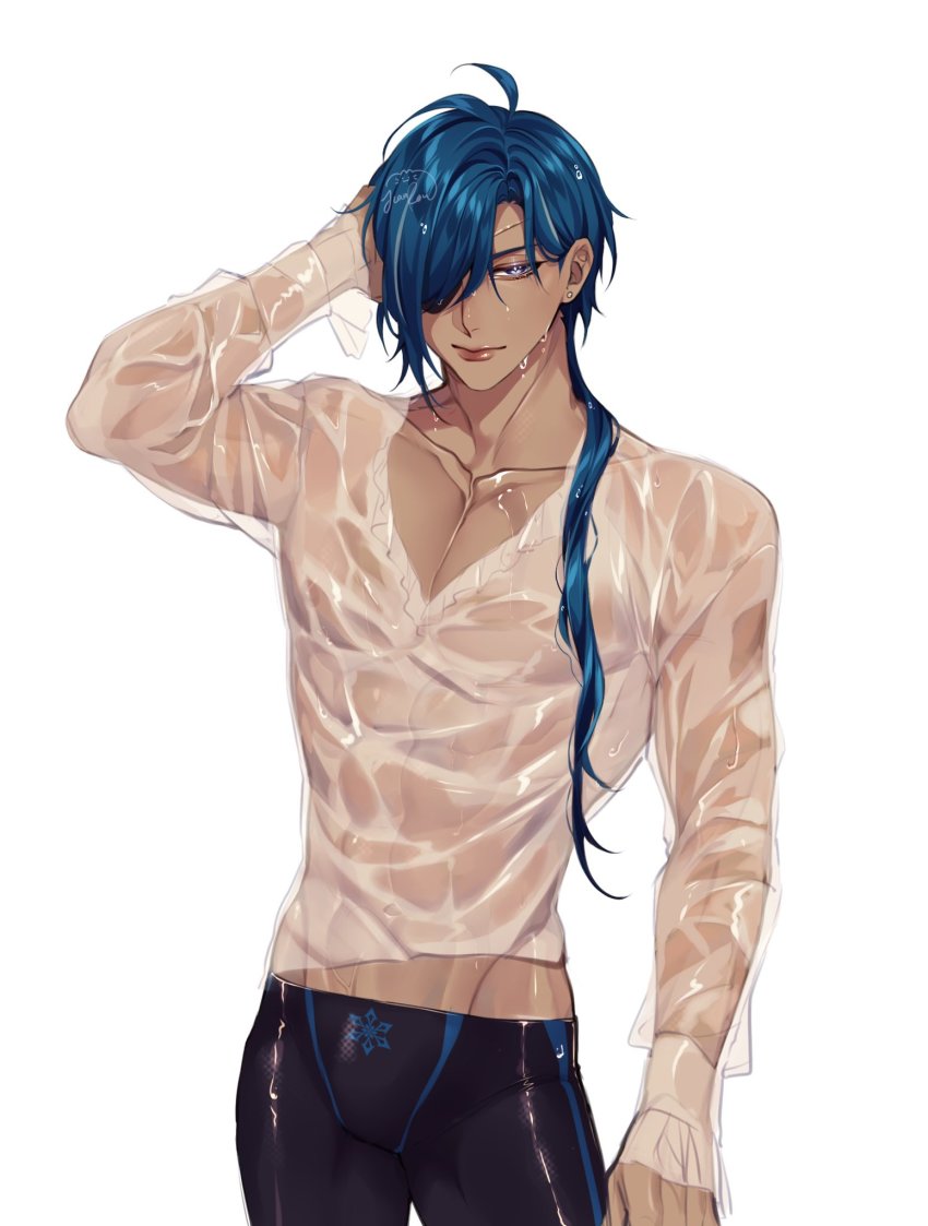 1boy abs black_jammers black_male_swimwear blue_eyes blue_hair cowboy_shot dark-skinned_male dark_blue_hair dark_skin eyepatch genshin_impact highres jammers kaeya_(genshin_impact) male_focus male_swimwear midriff_peek muscular muscular_male nipples rourouki shirt simple_background smile swimsuit wet wet_clothes wet_male_swimwear wet_shirt wet_swimsuit white_background white_shirt
