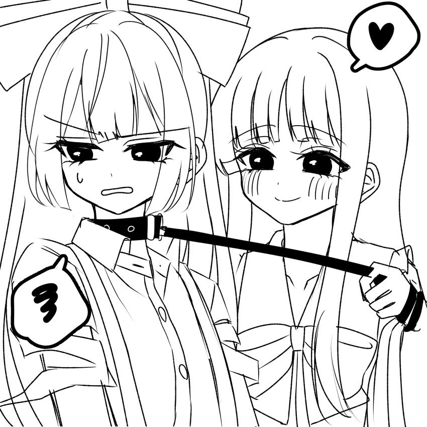 2girls blush bow bowtie closed_mouth collar collared_shirt commentary_request frilled_shirt_collar frills fujiwara_no_mokou greyscale hair_bow heart highres holding holding_leaf houraisan_kaguya leaf leash leash_pull long_hair looking_at_another monochrome multiple_girls open_mouth shirt short_sleeves smile spoken_heart spoken_squiggle squiggle suspenders sweatdrop tamiko_(tamik0224) torn_clothes torn_sleeves touhou yuri