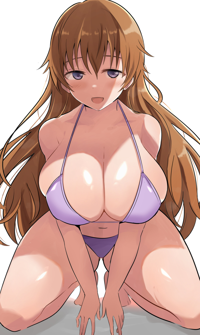 1girl :d absurdres bikini blush breasts brown_hair cleavage curvy highres huge_breasts konoe_kanata long_hair looking_at_viewer love_live! love_live!_nijigasaki_high_school_idol_club navel open_mouth purple_bikini purple_eyes simple_background skindentation smile solo squatting stomach swimsuit thighs tiptoes very_long_hair wewe white_background