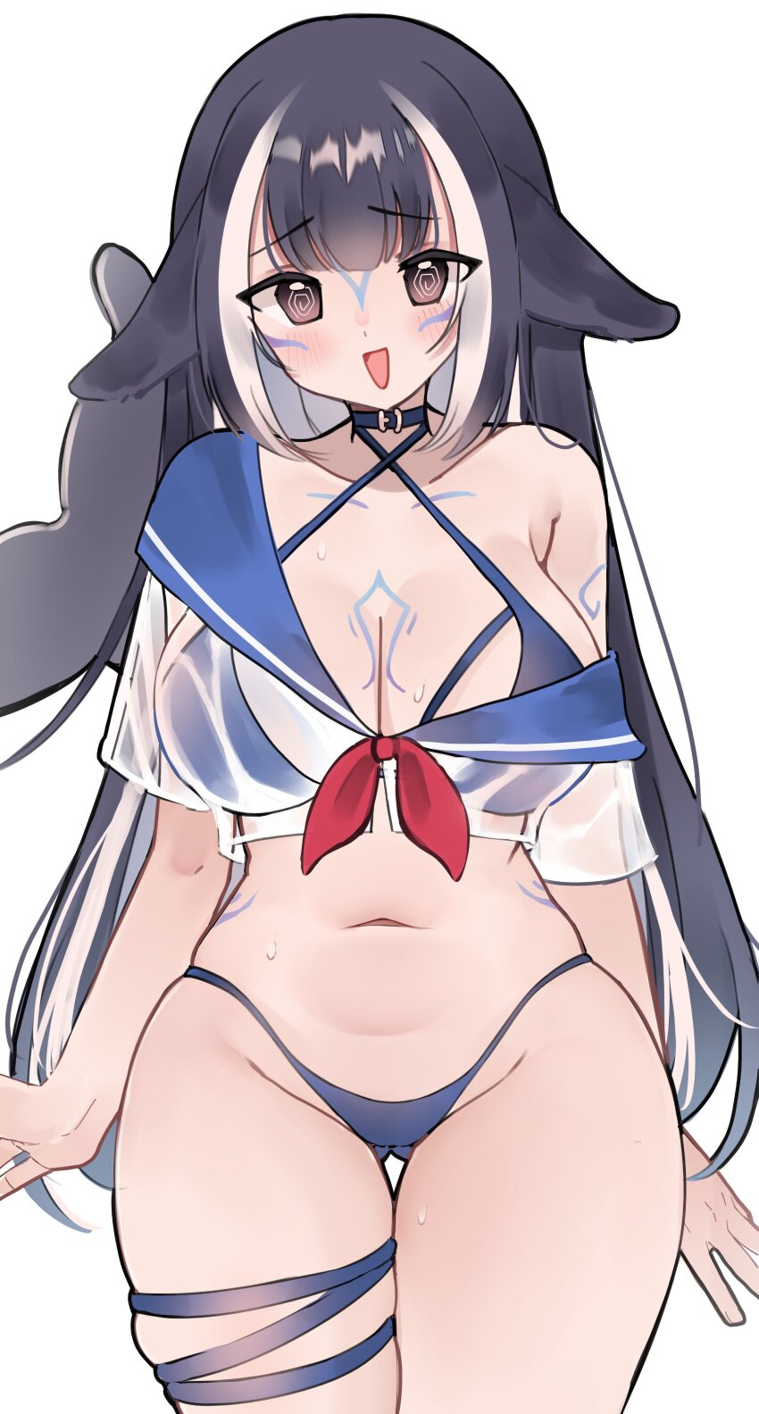 1girl @_@ absurdres animal_ears arms_at_sides bikini bikini_under_clothes black_hair blue_bikini blue_collar blue_sailor_collar blush breast_tattoo breasts brown_eyes cetacean_tail cleavage collar commentary cowboy_shot criss-cross_halter embarrassed fins fish_tail gluteal_fold groin halterneck highleg highleg_bikini highres indie_virtual_youtuber long_hair looking_at_viewer meiwowowo multicolored_hair neckerchief open_mouth orca_girl red_neckerchief sailor_collar see-through_clothes see-through_shirt shirt shoulder_tattoo shylily shylily_(1st_costume) simple_background skindentation solo streaked_hair swimsuit tail tattoo thick_thighs thigh_gap thigh_strap thighs virtual_youtuber wet wet_clothes wet_shirt white_background white_hair white_shirt