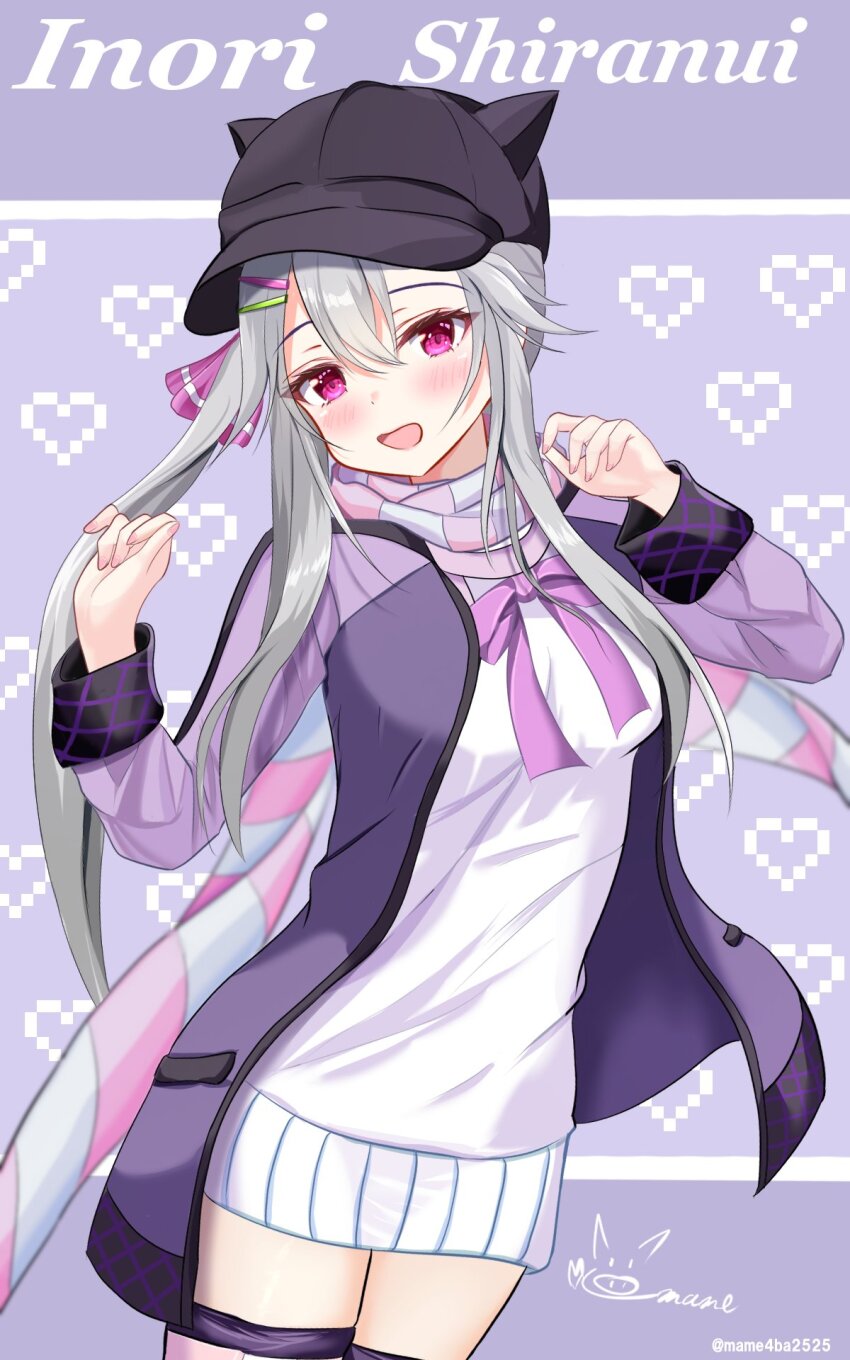 1girl :d alternate_costume black_hat blurry blush bow casual character_name commentary_request cowboy_shot depth_of_field double-parted_bangs eyelashes fake_horns fingernails grey_background grey_hair hair_between_eyes hair_ornament hairclip hanasaki_work_spring hands_up happy hat heart highres horned_headwear horns jacket long_hair long_sleeves looking_at_viewer mame4ba2525 open_clothes open_jacket open_mouth peaked_cap pink_bow pink_eyes pixel_heart purple_jacket scarf shiranui_inori side_ponytail sidelocks signature simple_background smile solo striped_clothes striped_scarf sweater thighhighs tsurime twitter_username very_long_hair white_sweater zettai_ryouiki