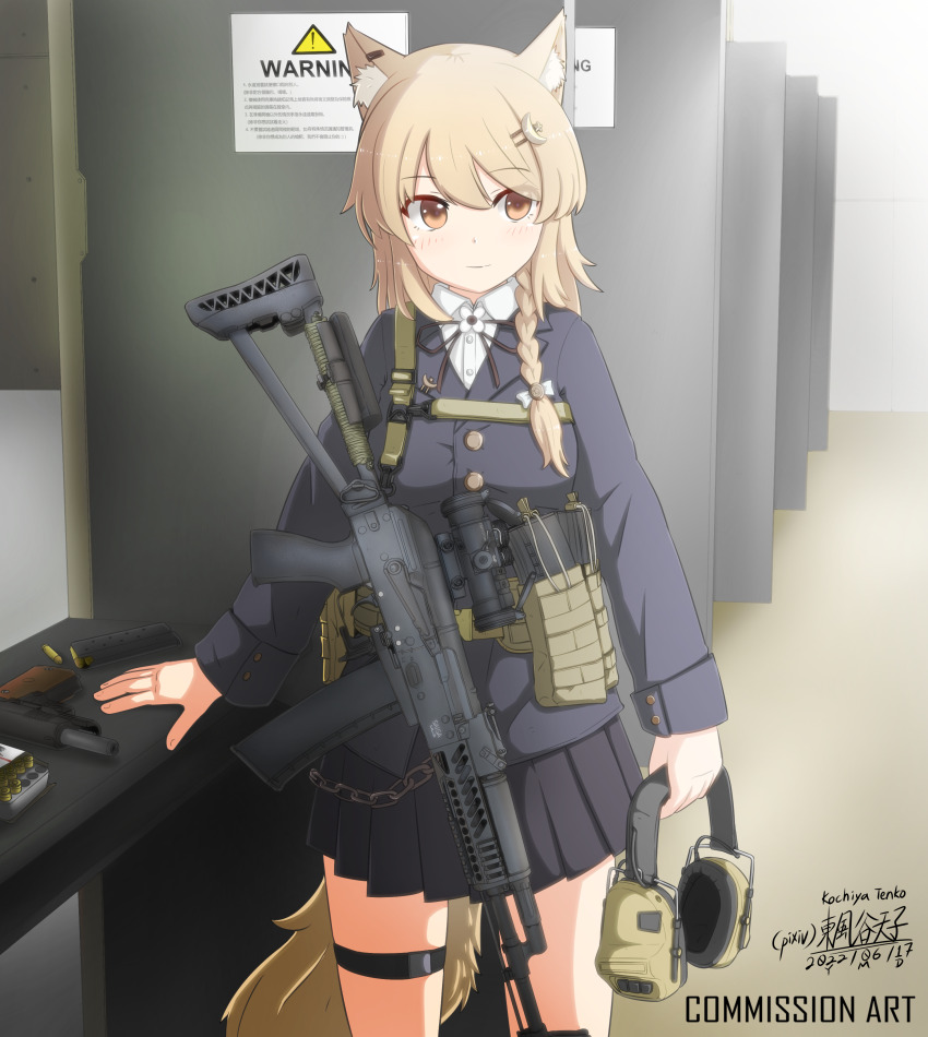 ! 1girl absurdres ak-74 aks-74 ammunition ammunition_pouch animal_ear_fluff animal_ears artist_name assault_rifle belt black_ribbon blazer blonde_hair blue_jacket blue_skirt bow braid breasts brown_eyes buckle buttoned_cuffs buttons carton chinese_text closed_mouth commentary commission cowboy_shot crescent crescent_hair_ornament ear_protection english_text flower fox_ears fox_girl fox_tail gun hair_between_eyes hair_bow hair_ornament hair_over_shoulder hand_on_table handgun highres indoors jacket kalashnikov_rifle japanese_text kochiya_tenko lapels large_breasts light_blush long_hair long_sleeves looking_to_the_side m1911 magazine_(weapon) neck_ribbon notched_lapels optical_sight original pixiv_commission pleated_skirt pouch ribbon rifle scope shirt shooting_range sign single_braid skirt snap-fit_buckle solo star_(symbol) star_hair_ornament table tail thigh_strap triangle utility_belt warning_sign weapon white_bow white_flower white_shirt