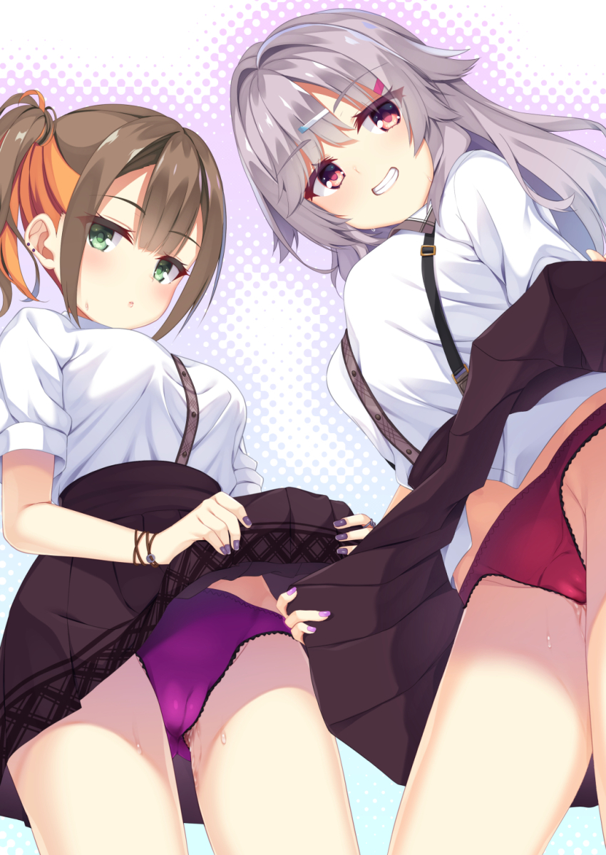2girls aria_(koiiroharemoyou) aroused blunt_bangs blush breasts brown_hair brown_skirt cameltoe clothes_lift commentary_request eyelashes eyes_visible_through_hair flashing frilled_panties frills from_below green_eyes grey_hair grin groin hair_between_eyes hair_ornament hairclip high-waist_skirt highres kinoshita_kaede large_breasts lifting_own_clothes long_hair looking_at_viewer multicolored_hair multiple_girls nail_polish orange_hair panties parted_lips pleated_skirt polka_dot polka_dot_background purple_background purple_nails purple_panties pussy_juice red_eyes red_panties school_uniform shiraishi_chika shirt short_sleeves side_ponytail simple_background skirt skirt_lift smile spiked_hair streaked_hair suspender_skirt suspenders sweatdrop tenshi_souzou_re-boot! thighs underwear wavy_hair white_background white_shirt
