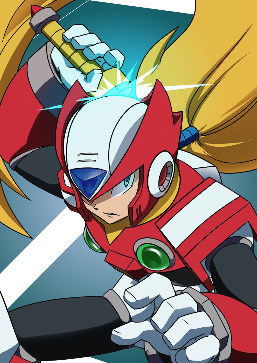 1boy absurdres armor blonde_hair blue_background chest_jewel commentary energy_sword english_commentary forehead_jewel helmet highres holding holding_sword holding_weapon long_hair looking_at_viewer male_focus mega_man_(series) mega_man_x_(series) missing_commentary red_armor red_helmet solo sword upper_body weapon xtevecb z_saber zero_(mega_man)