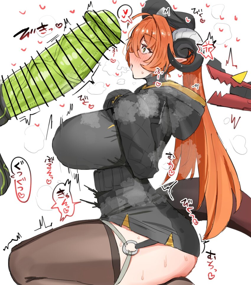 1boy 1girl anger_vein bar_censor beret black_hat black_hoodie black_horns blush breasts breath brown_thighhighs censored commentary curled_horns erection ethereal_(zenless_zone_zero) feet_out_of_frame from_side green_eyes green_penis hands_on_own_chest hat heart hetero highres hood hoodie horn/wood horns huge_breasts huge_penis interspecies long_hair looking_at_penis magus_(zenless_zone_zero) mechanical_horns mechanical_tail multicolored_horns o-ring o-ring_thigh_strap open_mouth orange_hair orange_pupils orphie_magnusson penis penis_awe pointy_ears profile seiza simple_background sitting solo_focus sound_effects spoken_anger_vein steaming_body surprised sweat symbol-only_commentary tail thigh_strap thighhighs trembling twintails two-tone_horns veins veiny_penis white_background white_horns wide-eyed womb_twitch zenless_zone_zero